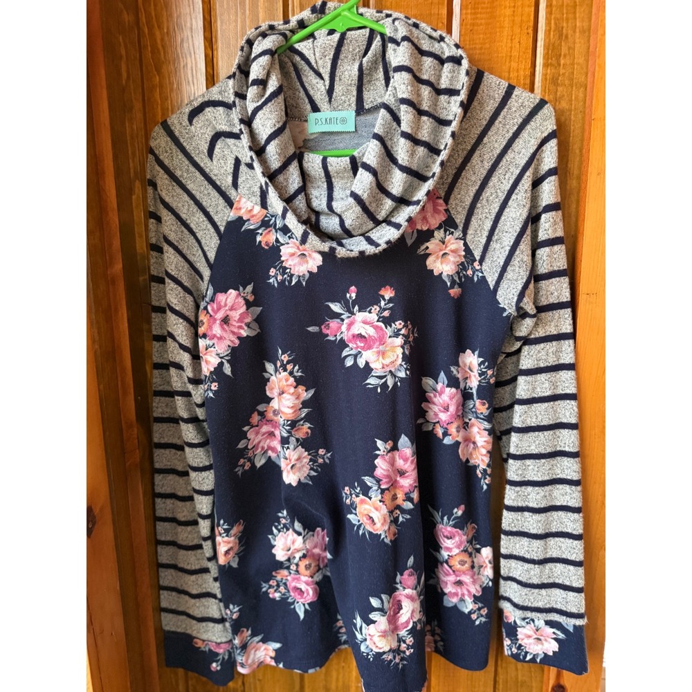 P.S. Kate Womens Navy‎ Floral and Striped Cowl Neck Raglan Top size Small boho